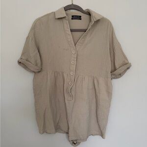 Urban Outfitters Taupe Button-Down Muslin Romper